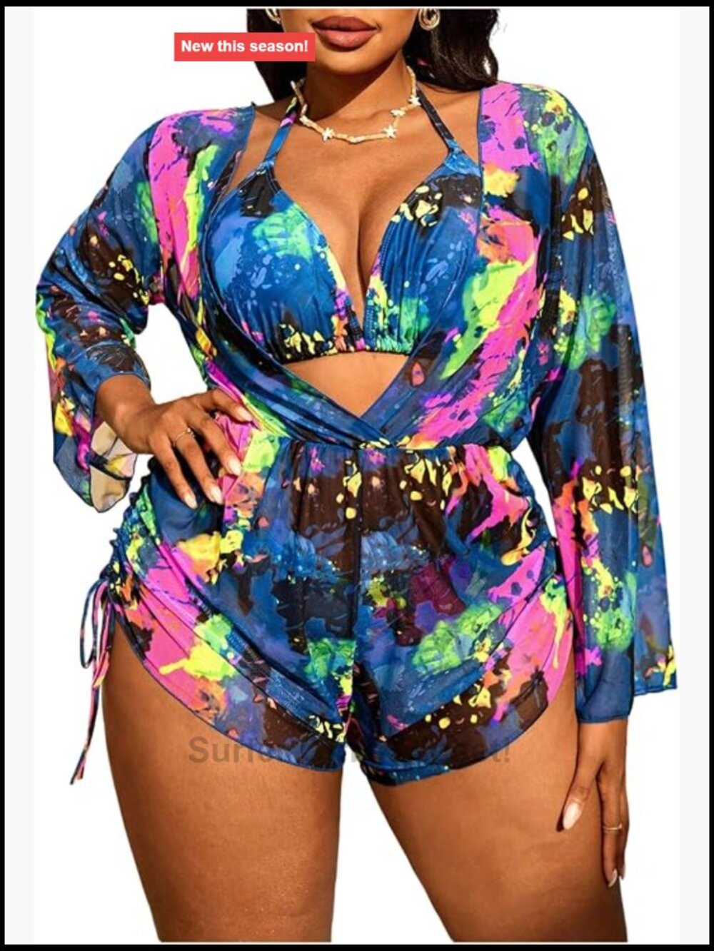 Plus Size Graphic Bikini Set Tie Backless Halter High Rise Thong Cover Up